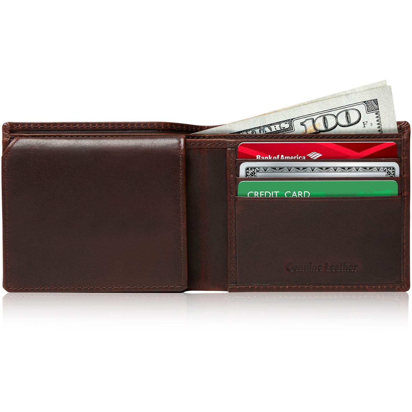 Genuine Leather Bifold Wallet – Flip-Up ID Window, RFID Blocking