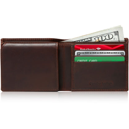 Genuine Leather Bifold Wallet – Flip-Up ID Window, RFID Blocking