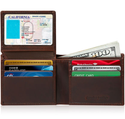Genuine Leather Bifold Wallet – Flip-Up ID Window, RFID Blocking