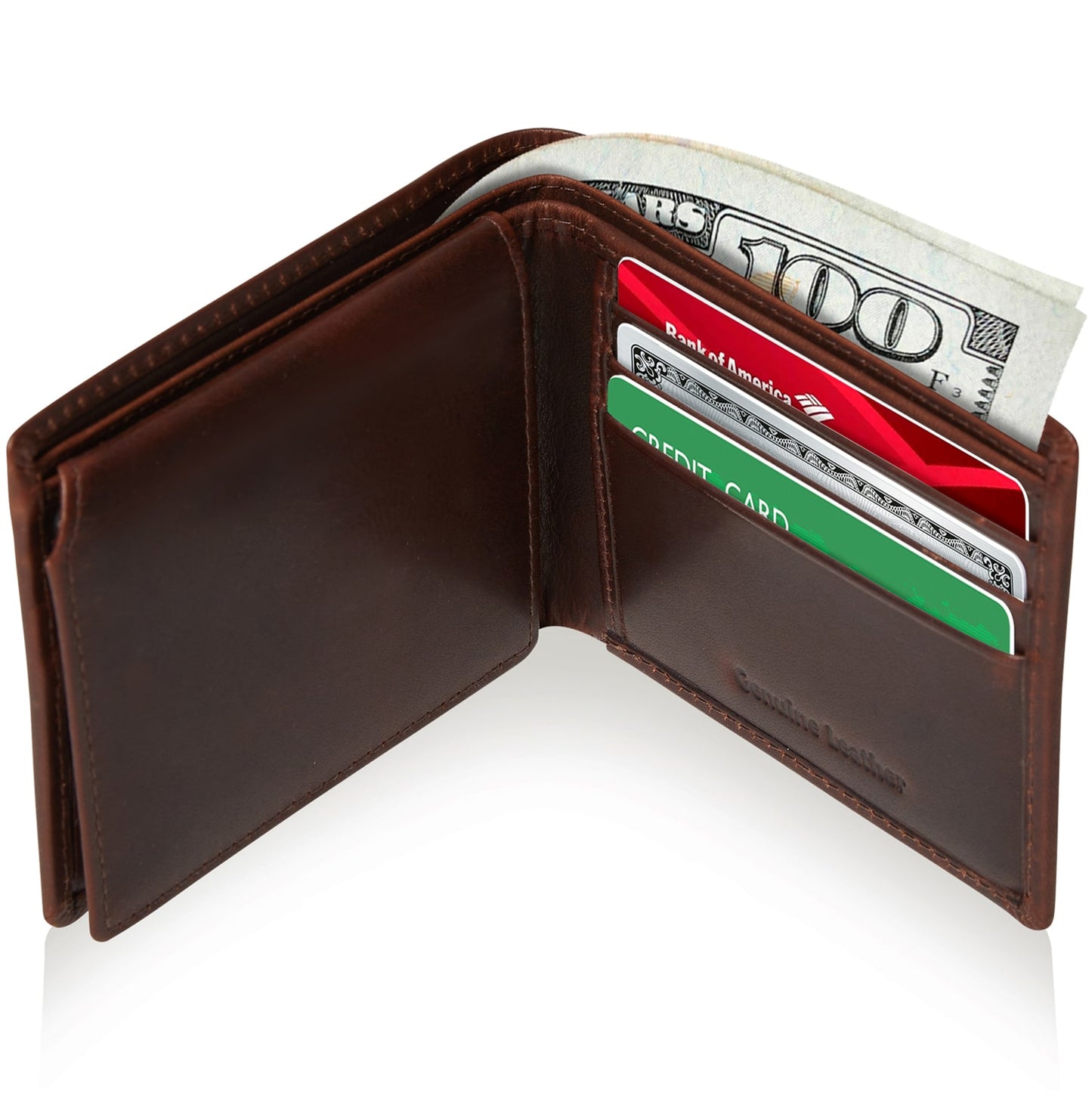 Genuine Leather Bifold Wallet – Flip-Up ID Window, RFID Blocking