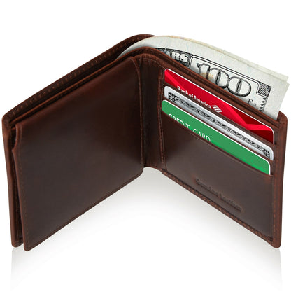 Genuine Leather Bifold Wallet – Flip-Up ID Window, RFID Blocking