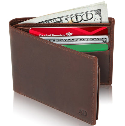 Genuine Leather Bifold Wallet – Flip-Up ID Window, RFID Blocking
