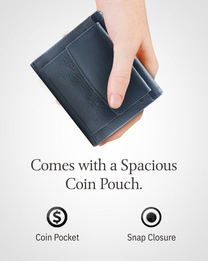 Genuine Leather Trifold Coin Wallet – ID Window, Snap Coin Pocket, RFID Blocking