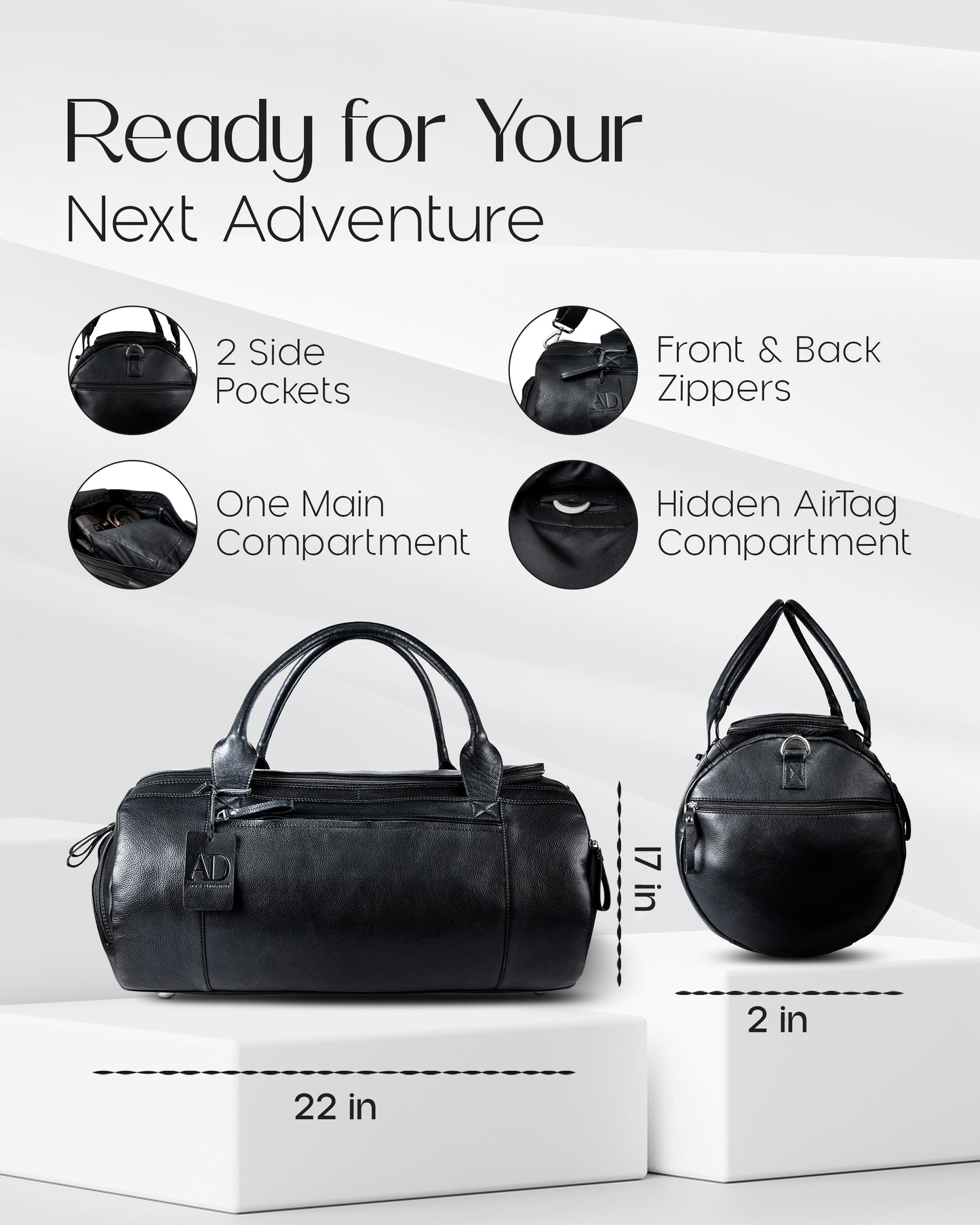 Genuine Leather Travel Duffel Bag – Shoe Compartment, Hidden AirTag Pocket