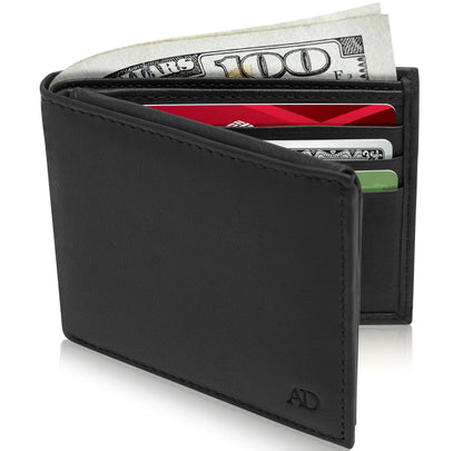 Genuine Leather Bifold Wallet – Flip-Up ID Window, RFID Blocking