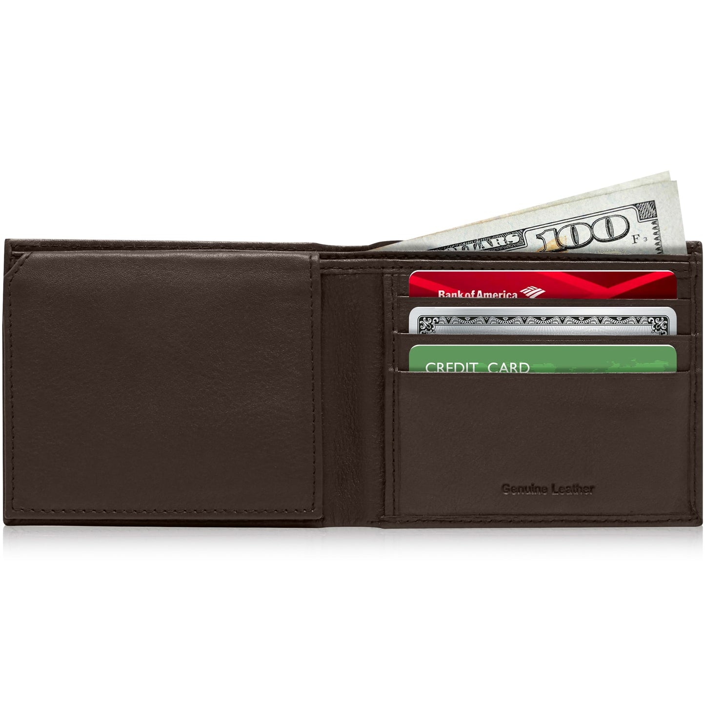 Genuine Leather Bifold Wallet – Flip-Up ID Window, RFID Blocking