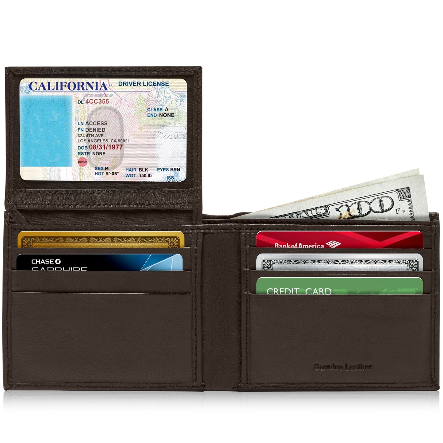 Genuine Leather Bifold Wallet – Flip-Up ID Window, RFID Blocking