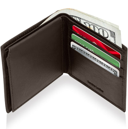 Genuine Leather Bifold Wallet – Flip-Up ID Window, RFID Blocking