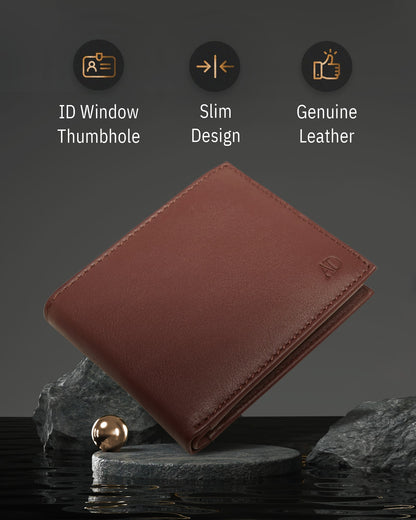 Genuine Leather Bifold Wallet – Flip-Up ID Window, RFID Blocking