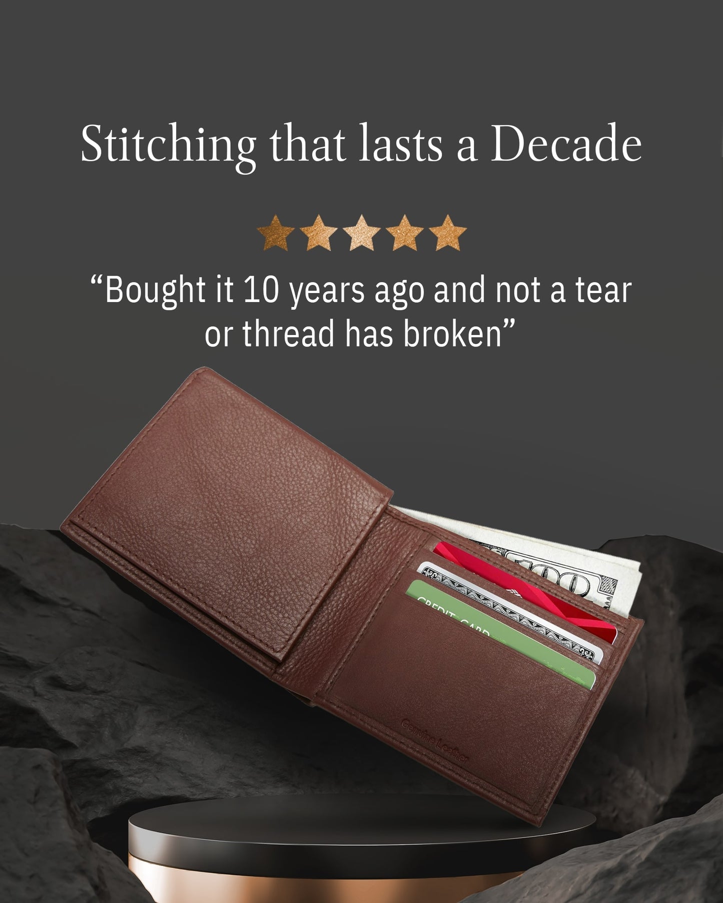 Genuine Leather Bifold Wallet – Flip-Up ID Window, RFID Blocking