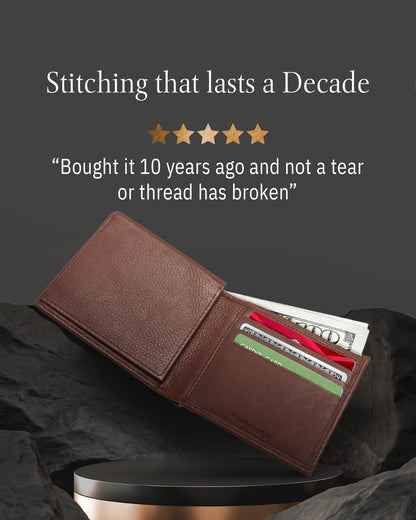 Genuine Leather Bifold Wallet – Flip-Up ID Window, RFID Blocking