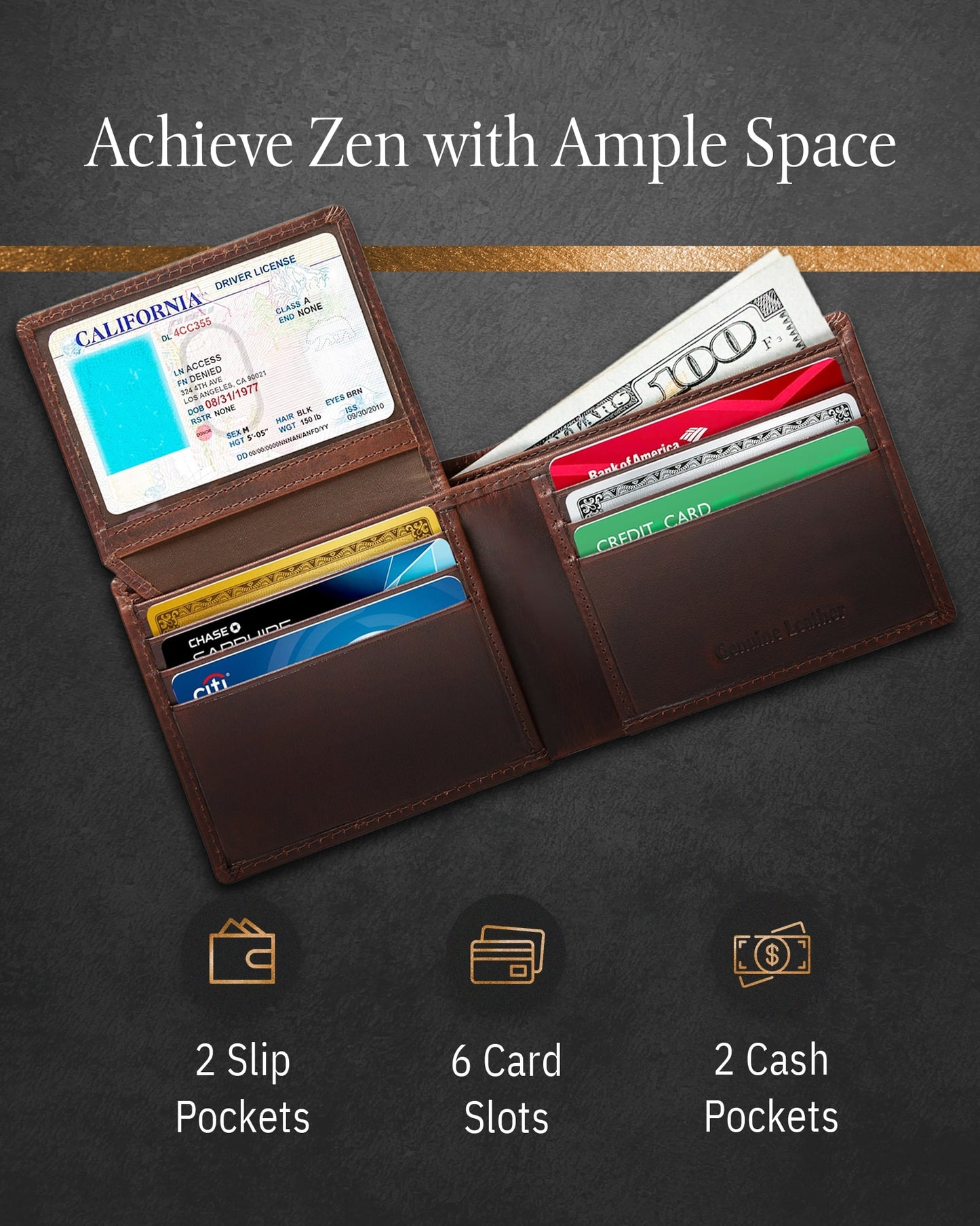 Genuine Leather Bifold Wallet – Flip-Up ID Window, RFID Blocking