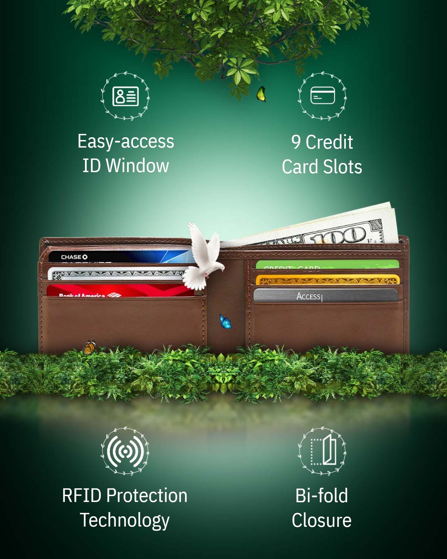 Vegan Leather Bifold Wallet – ID Window, RFID Blocking