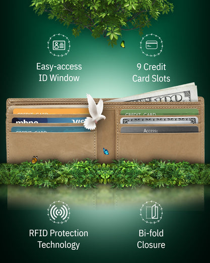Vegan Leather Bifold Wallet – ID Window, RFID Blocking
