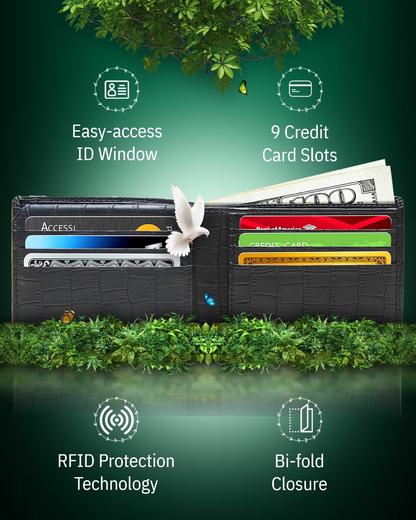 Vegan Leather Bifold Wallet – ID Window, RFID Blocking