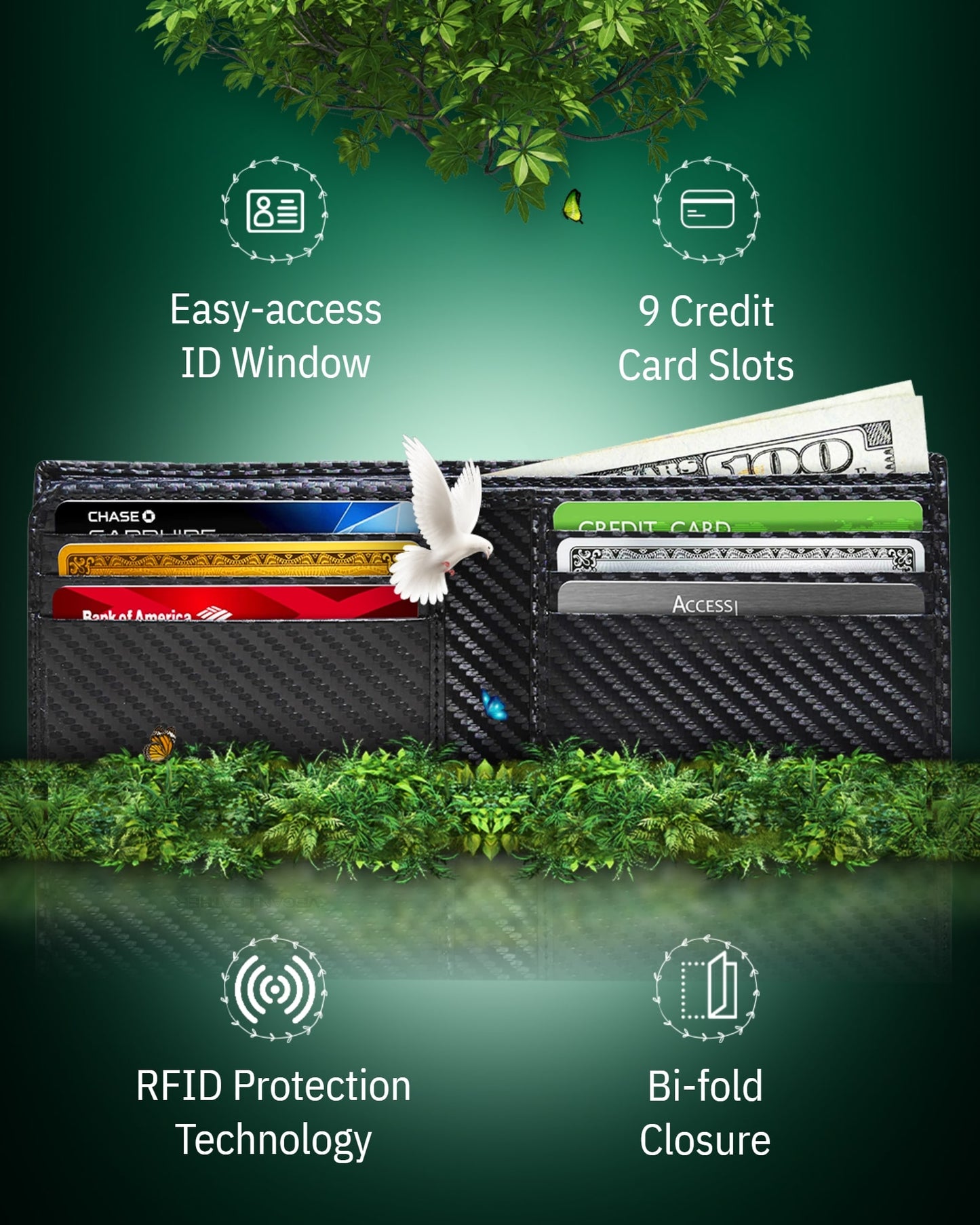 Vegan Leather Bifold Wallet – ID Window, RFID Blocking