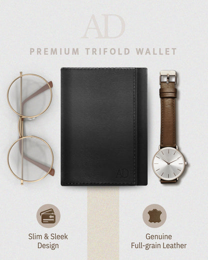 Genuine Leather Trifold Wallet – ID Window, 7 Card Slots, RFID Blocking