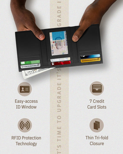 Genuine Leather Trifold Wallet – ID Window, 7 Card Slots, RFID Blocking