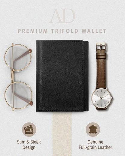 Genuine Leather Trifold Wallet – ID Window, 7 Card Slots, RFID Blocking