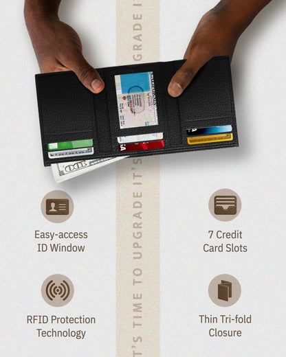 Genuine Leather Trifold Wallet – ID Window, 7 Card Slots, RFID Blocking