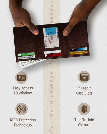 Genuine Leather Trifold Wallet – ID Window, 7 Card Slots, RFID Blocking