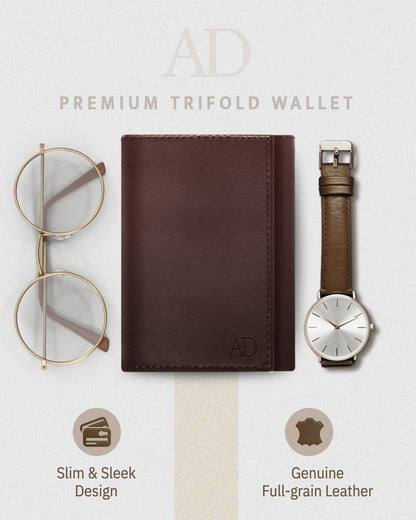 Genuine Leather Trifold Wallet – ID Window, 7 Card Slots, RFID Blocking
