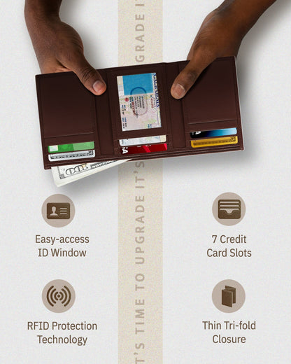 Genuine Leather Trifold Wallet – ID Window, 7 Card Slots, RFID Blocking