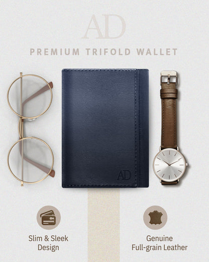 Genuine Leather Trifold Wallet – ID Window, 7 Card Slots, RFID Blocking