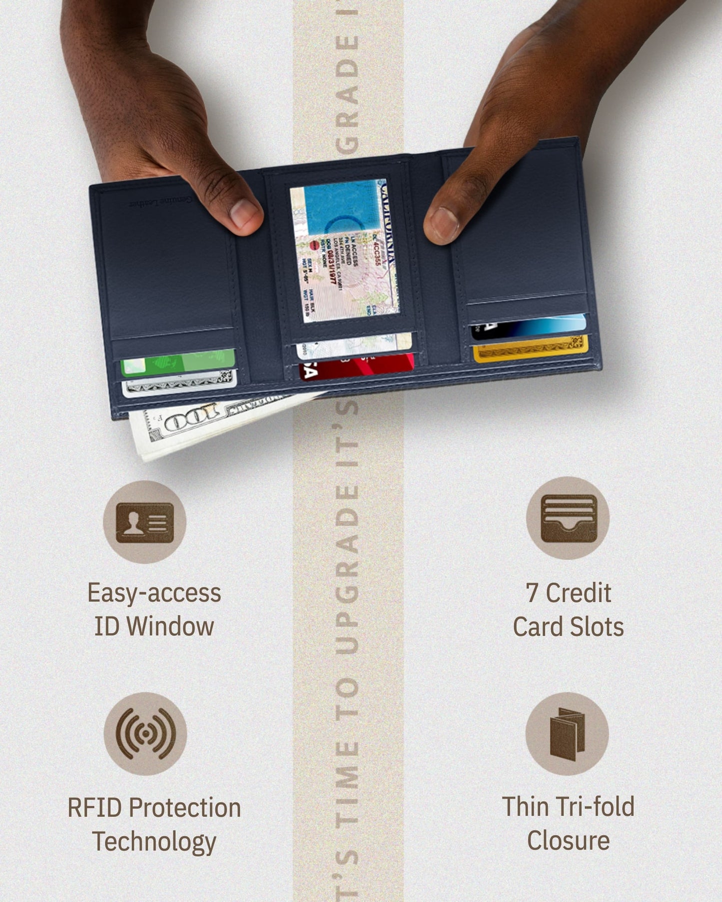 Genuine Leather Trifold Wallet – ID Window, 7 Card Slots, RFID Blocking