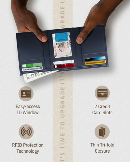 Genuine Leather Trifold Wallet – ID Window, 7 Card Slots, RFID Blocking