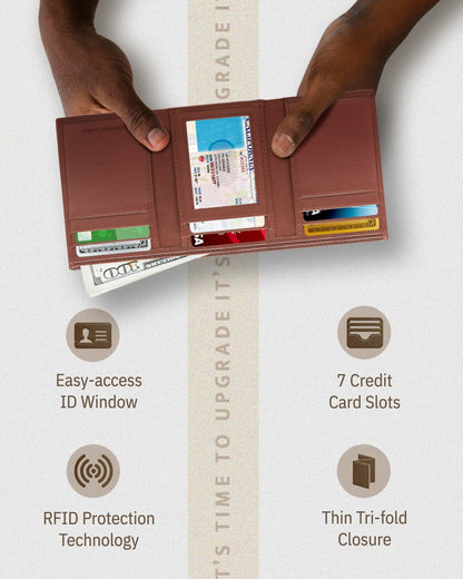 Genuine Leather Trifold Wallet – ID Window, 7 Card Slots, RFID Blocking