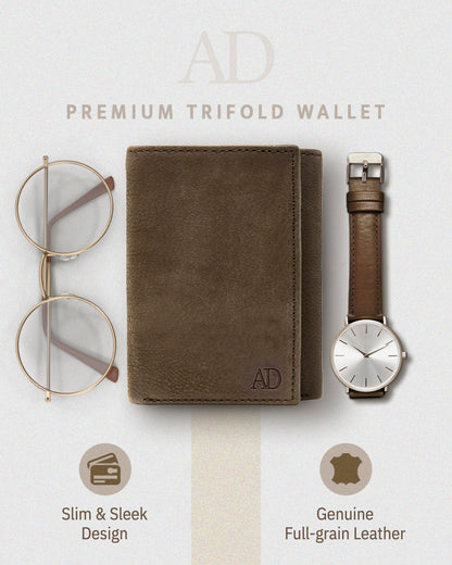 Genuine Leather Trifold Wallet – ID Window, 7 Card Slots, RFID Blocking
