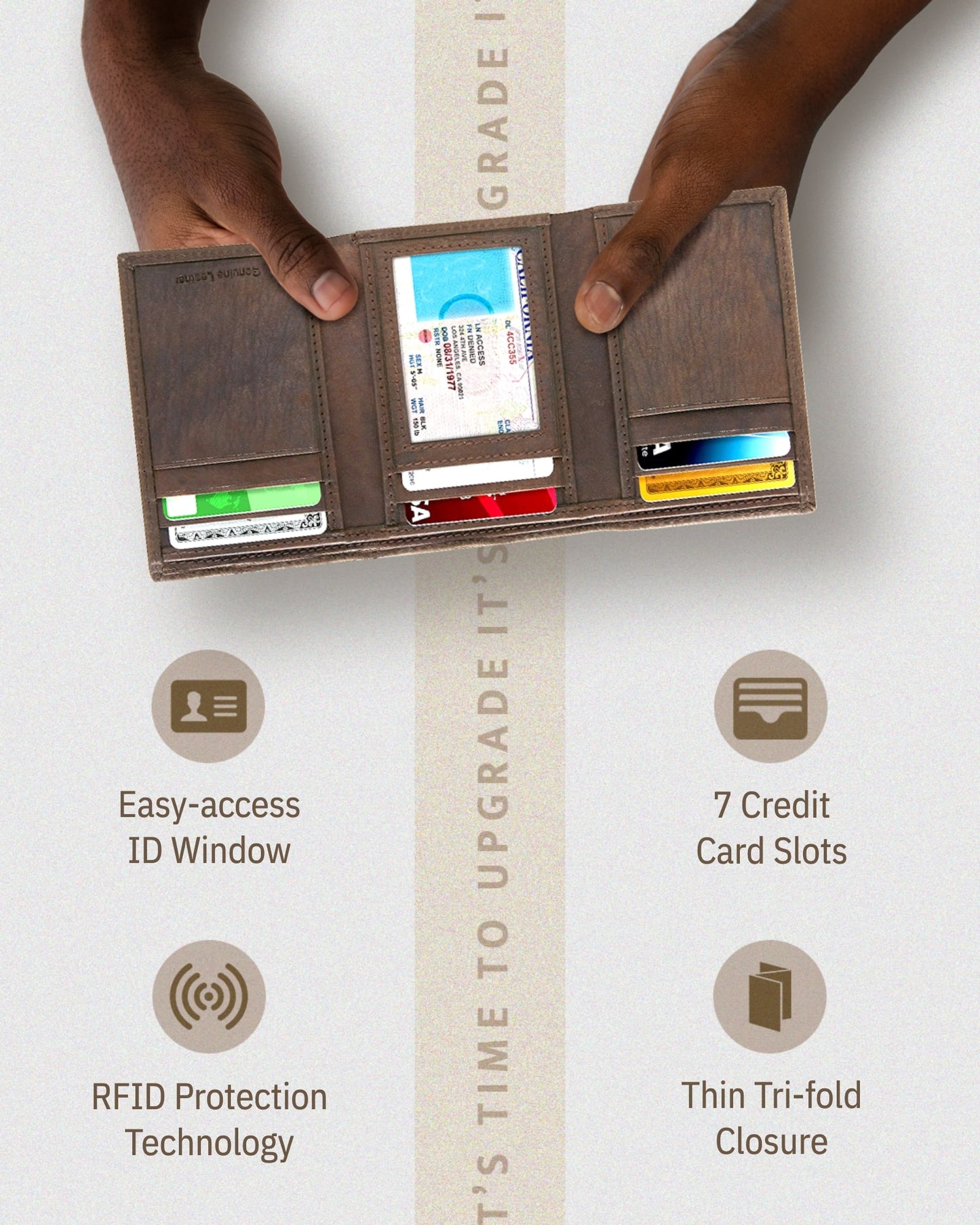 Genuine Leather Trifold Wallet – ID Window, 7 Card Slots, RFID Blocking