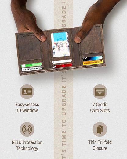 Genuine Leather Trifold Wallet – ID Window, 7 Card Slots, RFID Blocking
