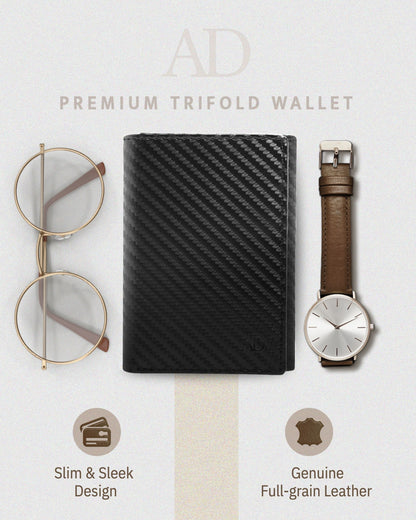Genuine Leather Trifold Wallet – ID Window, 7 Card Slots, RFID Blocking