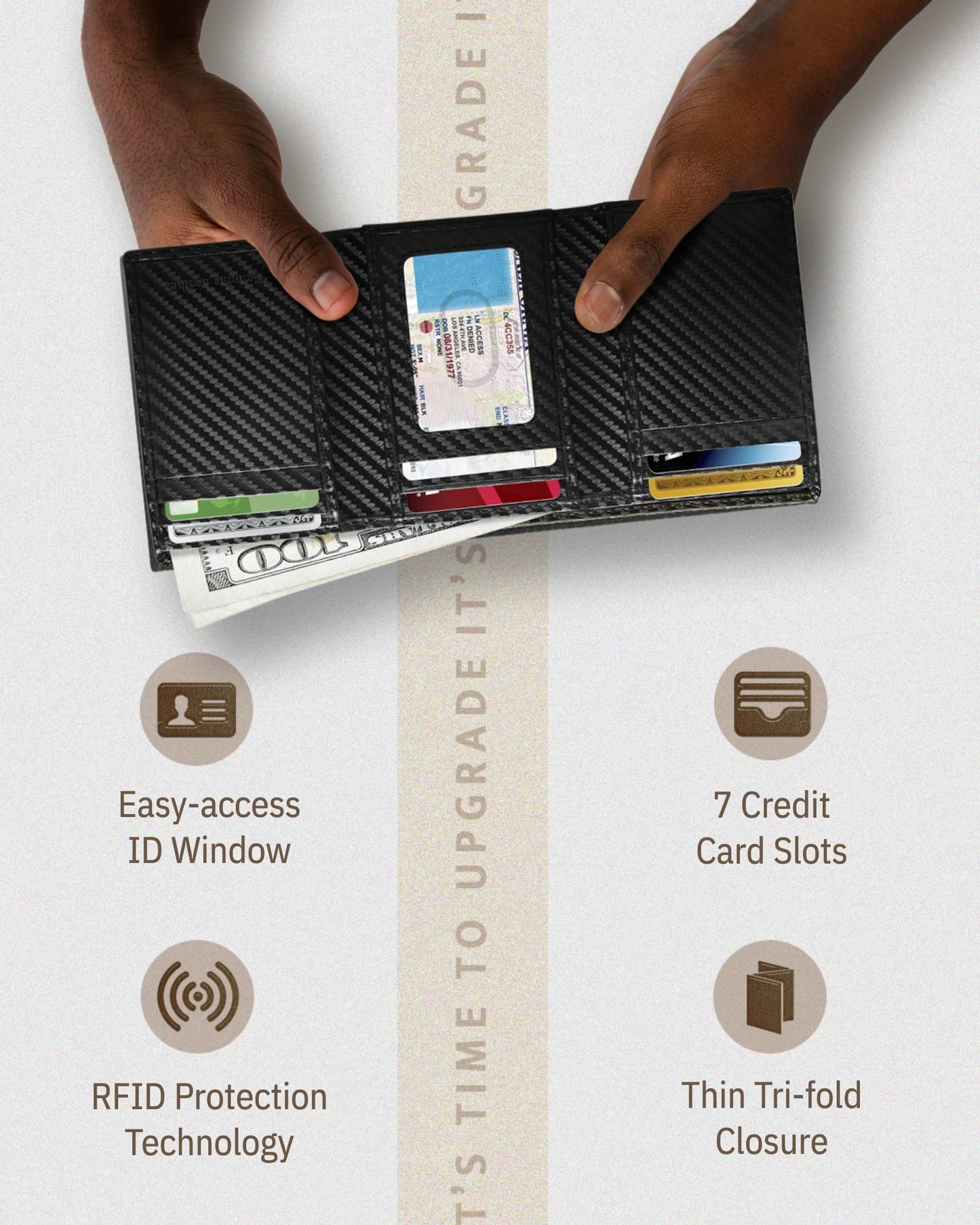 Genuine Leather Trifold Wallet – ID Window, 7 Card Slots, RFID Blocking