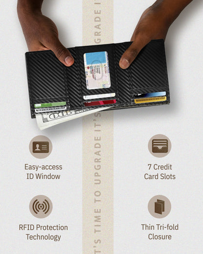 Genuine Leather Trifold Wallet – ID Window, 7 Card Slots, RFID Blocking