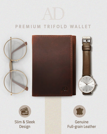 Genuine Leather Trifold Wallet – ID Window, 7 Card Slots, RFID Blocking