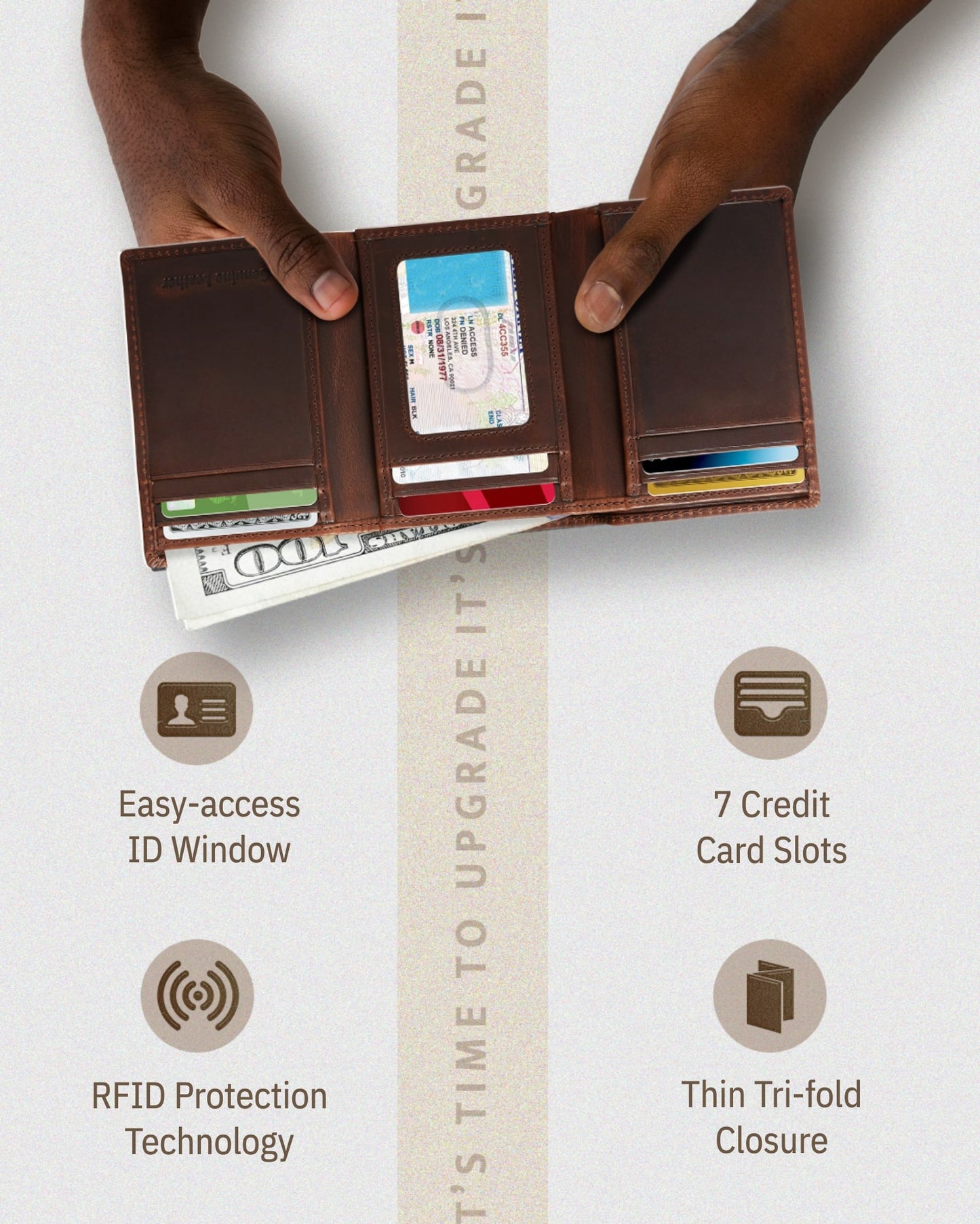 Genuine Leather Trifold Wallet – ID Window, 7 Card Slots, RFID Blocking