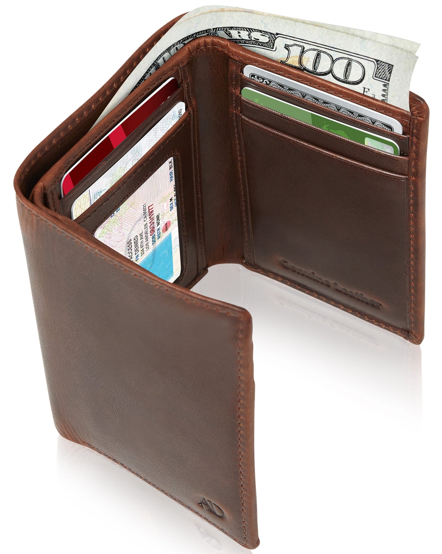 Genuine Leather Trifold Wallet – ID Window, 7 Card Slots, RFID Blocking