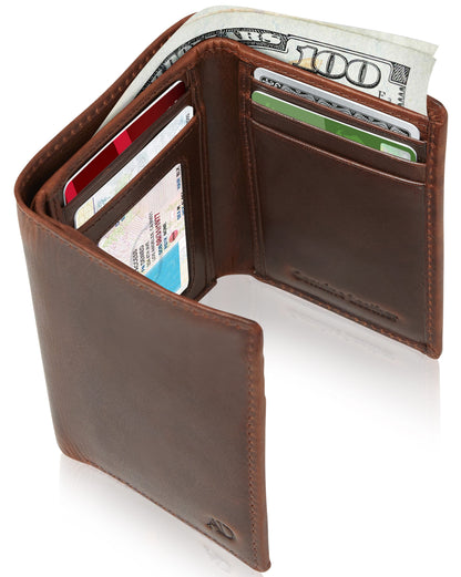 Genuine Leather Trifold Wallet – ID Window, 7 Card Slots, RFID Blocking