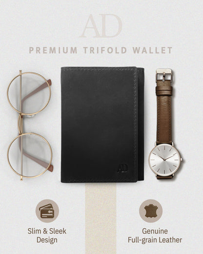 Genuine Leather Trifold Wallet – ID Window, 7 Card Slots, RFID Blocking
