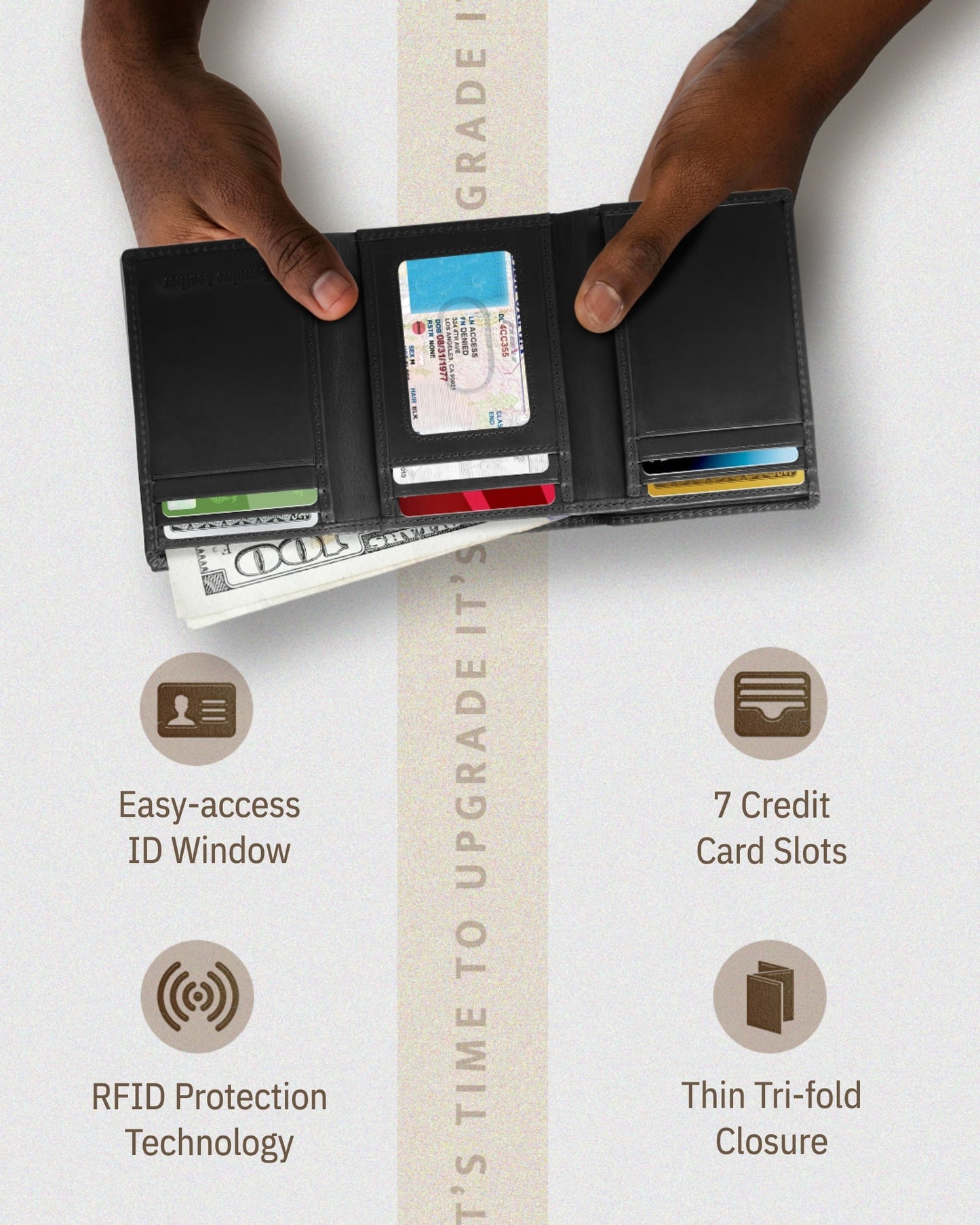 Genuine Leather Trifold Wallet – ID Window, 7 Card Slots, RFID Blocking