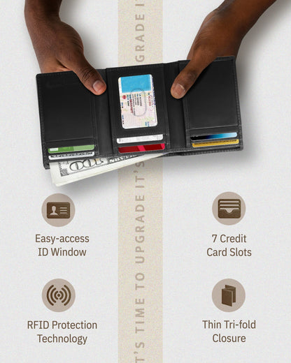Genuine Leather Trifold Wallet – ID Window, 7 Card Slots, RFID Blocking