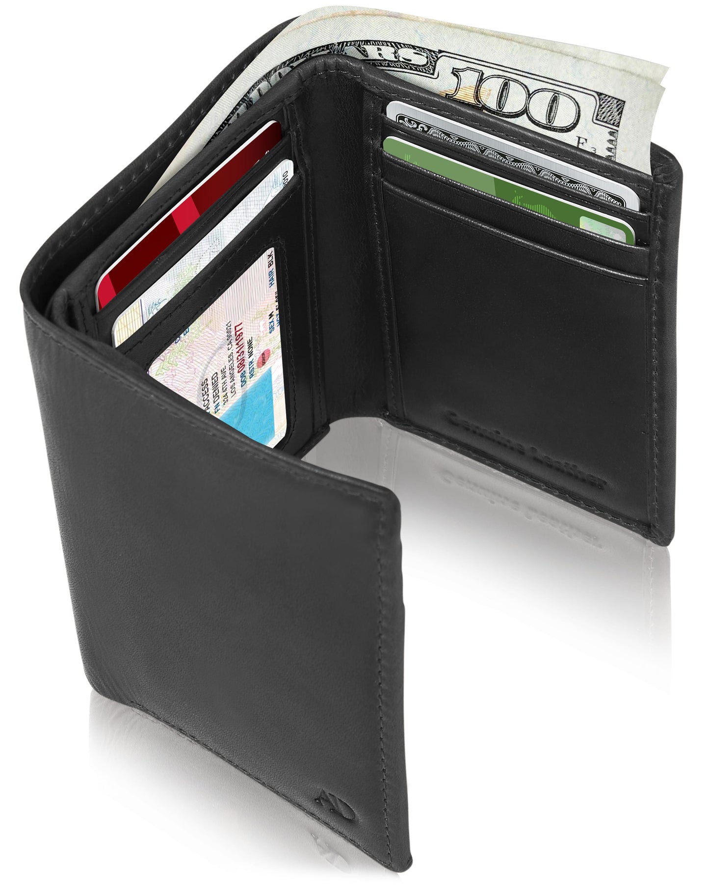 Genuine Leather Trifold Wallet – ID Window, 7 Card Slots, RFID Blocking