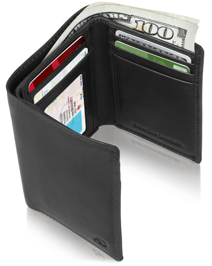 Genuine Leather Trifold Wallet – ID Window, 7 Card Slots, RFID Blocking