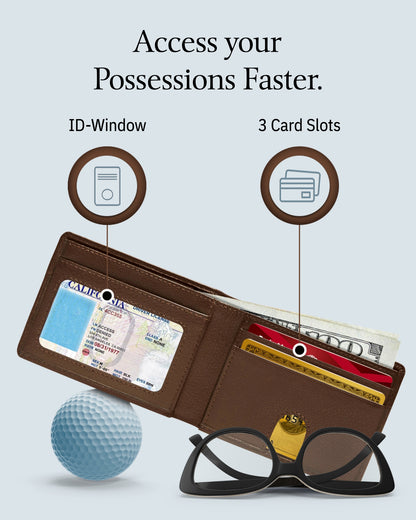 Genuine Leather Pull-Strap Bifold Wallet – Holds 7 Cards, RFID Blocking