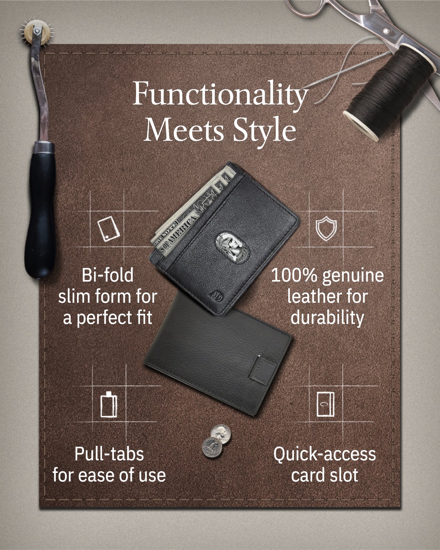 Genuine Leather Slim Bifold Wallet – Pull-Strap Card Access, RFID Blocking