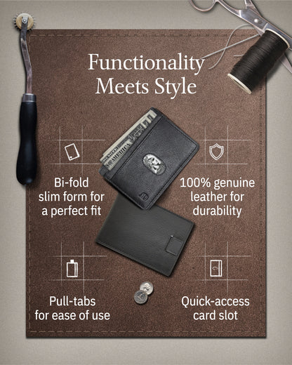 Genuine Leather Slim Bifold Wallet – Pull-Strap Card Access, RFID Blocking