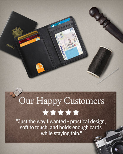 Genuine Leather Slim Bifold Wallet – Pull-Strap Card Access, RFID Blocking